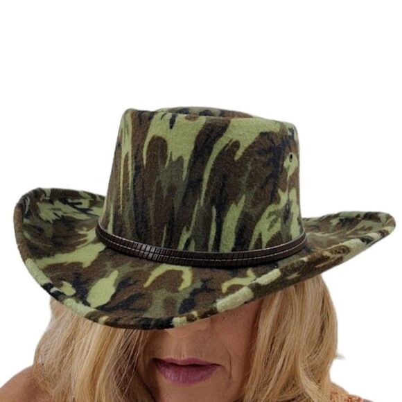 Vtg Mens Hat Cowboy Safari Camo Hunting Adventure Core Cabin Core Green 7 3/8 - Picture 1 of 11